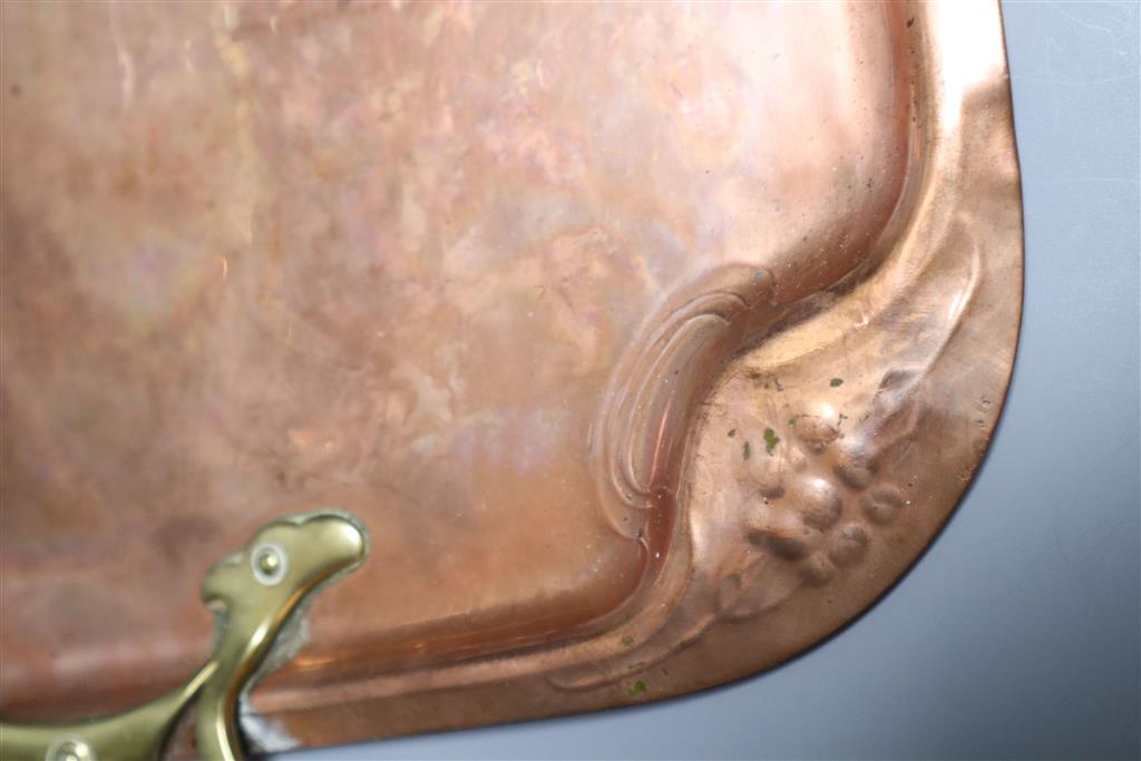 A WMF rectangular copper tray with stylised brass handles, 38 x 33cm